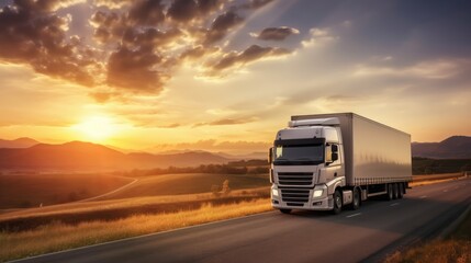 Obraz premium AI generated image of modern large trailer driving down an empty road at sunset. Logistics company. Freight transportation. Fast delivery.