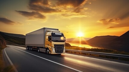 AI generated image of modern large trailer driving down an empty road at sunset. Logistics company. Freight transportation. Fast delivery.