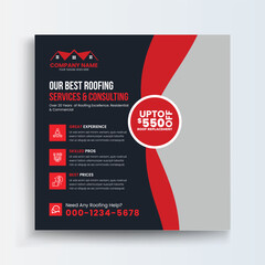 Roofing Social Media Post Roof repair, worker replacing gray tiles or shingles on house with blue sky as background and copy space, Roofing - construction worker