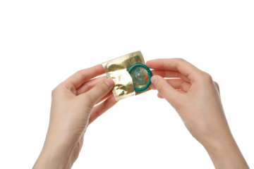 PNG,condom in hands close-up, isolated on white background