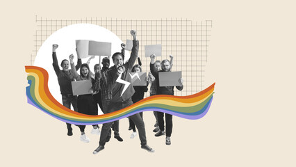 Group of young people showing movement aiming on lgbt community support. Contemporary art collage. Concept of human rights, equality, social issues, acceptance and freedom. Banner, poster, ad