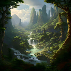 A lush green forest with a winding river, towering trees, and a waterfall.