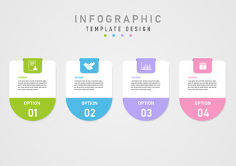 Template simple infographic 4 options square business with multi colored pastel semicircles Middle letters on white background, white numbers below, white icons above, gray gradient background.