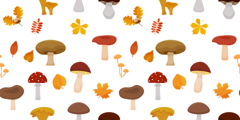Autumn seamless pattern. Mushrooms and autumn leaves. Autumn background. Illustration on a transparent background. Vector illustration.