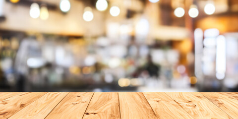 Wooden table with blurred bar background