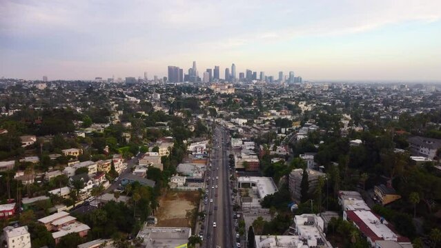 Wide angle establishing drone shot residential suburbs of Los Angeles