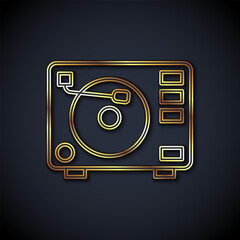 Gold line Vinyl player with a vinyl disk icon isolated on black background. Vector