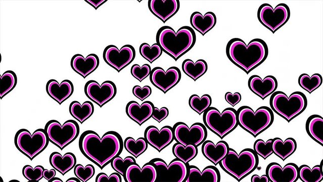 Multiple animated pulsing black and pink hearts rising upwards against a 4k white background
