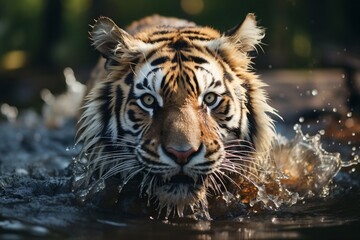 Fototapeta na wymiar Adventurous Amur Tiger Splashing in Siberian Water. Generative AI