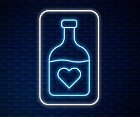 Glowing neon line Bottle with love potion icon isolated on brick wall background. Happy Valentines day. Vector