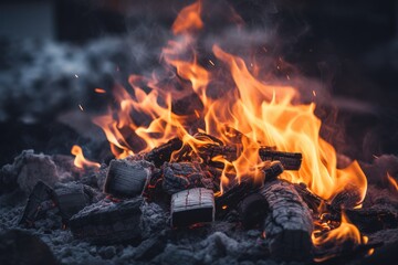Burning coal creates glowing fire, detailed green natural energy. Generative Ai. - obrazy, fototapety, plakaty