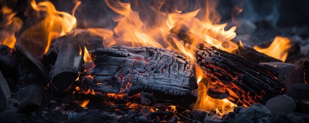 Burning coal creates glowing fire, detailed energy panorama. Generative Ai.