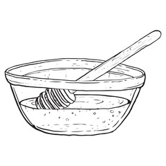 Honey in glass bowl with wooden dipper spoon vector. Hand drawn line sketch for cookbooks, recipes and kitchen designs