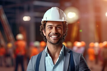 smiling male worker in a hardhat standing at a construction site