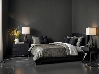 Enigmatic minimalism in a dark and modern bedroom. Avant-garde art, sleek design, and intriguing shadows create an air of mystery and sophistication.