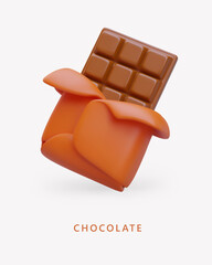 Realistic chocolate bar, half unfolded. Vertical vector poster, 3D illustration, place for text. Concept for sweet shops, fairs, cafes. Sweets from cocoa beans