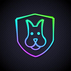 Glowing neon line Animal health insurance icon isolated on black background. Pet protection concept. Dog or cat paw print. Vector