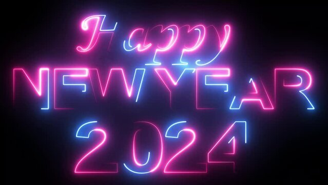 Happy New Year 2024 Greeting animation video. Neon bright text Happy New Year 2024. Holiday design for flyer, greeting card, banner, celebration poster, party invitation or calendar. 3d render