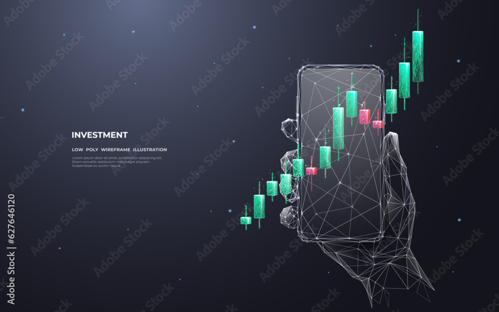 Poster digital stock market graph chart in a smartphone. abstract hand holding a phone with investment cand