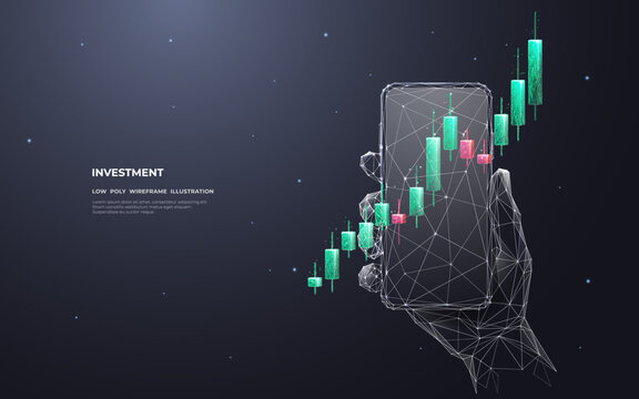 Digital Stock Market Graph Chart In A Smartphone. Abstract Hand Holding A Phone With Investment Candlestick On Screen. Mobile Trading App Concept On Dark Gray Background. Vector Illustration