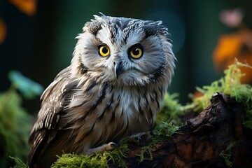 Boreal Owl Perched on Old Tree Trunk. Generative AI