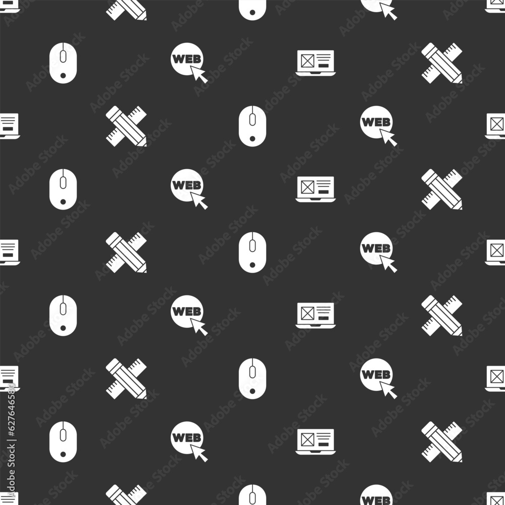 Poster set ui or ux design, crossed ruler and pencil, computer mouse and web graphic on seamless pattern. v