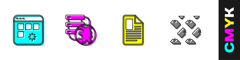Set Loading data window, Network cloud connection, File document and Data stream icon. Vector