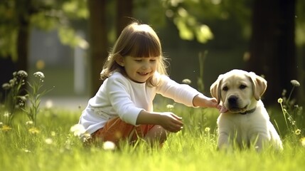 Attractive young woman with labrador outdoors. Woman on a green grass with dog labrador retriever. Generative AI