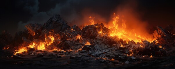 Burning coal creates glowing fire, detailed energy panorama. Generative Ai. - obrazy, fototapety, plakaty