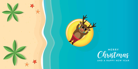 cute christmas deer relaxing on float ring in water on the beach vector illustration