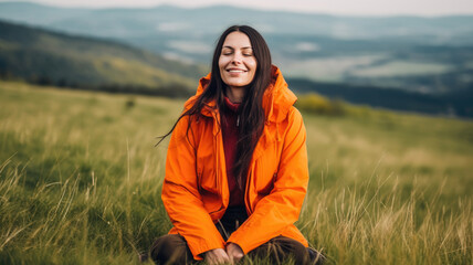 Blissful Female Hiker Finding Peace in Nature