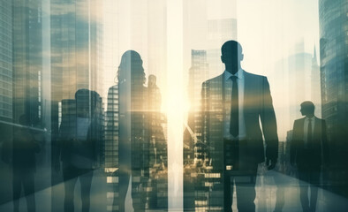 business people silhouette against a modern city skyline. Modern business team