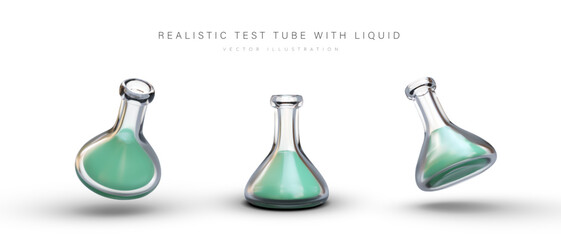 3D laboratory conical flask with liquid. Test tube with flat bottom. Beaker in different positions. Erlenmeyer flask. Set of isolated vector images. Icons for chemists, physicists, laboratories