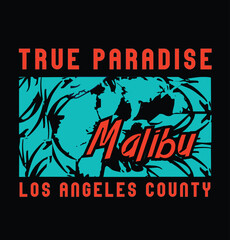 Malibu Typography. T shirt graphics. Vector. print.