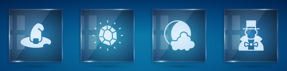 Set Witch hat, Magic stone, Moon and stars and Magician. Square glass panels. Vector