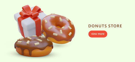 Donuts shop. Realistic donuts with chocolate glaze and sprinkles. Gift box. Sweet street fast food. Portion desserts for holiday. Online advertising template