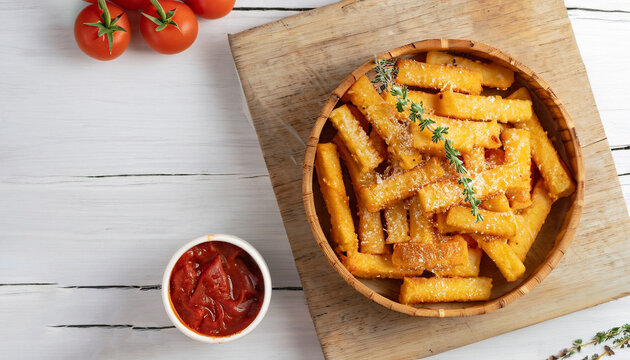 garlic parmesan polenta fries with parmesan cheese, thyme and spices in a bamboo dish with tomato sauce on a white wooden table, flat lay, free space, italy cuisine