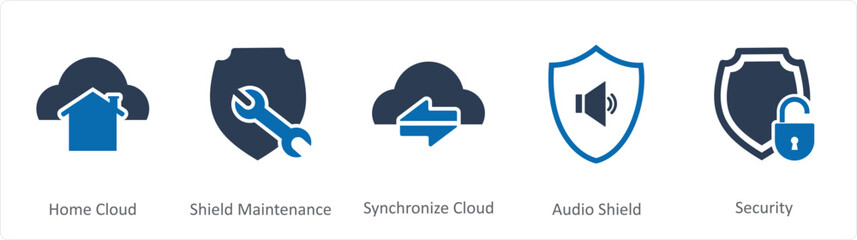 A set of 5 Internet icons as home cloud, shield maintenance, synchronize cloud