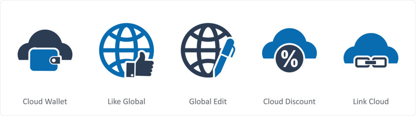 A set of 5 Internet icons as cloud wallet, like global, global edit