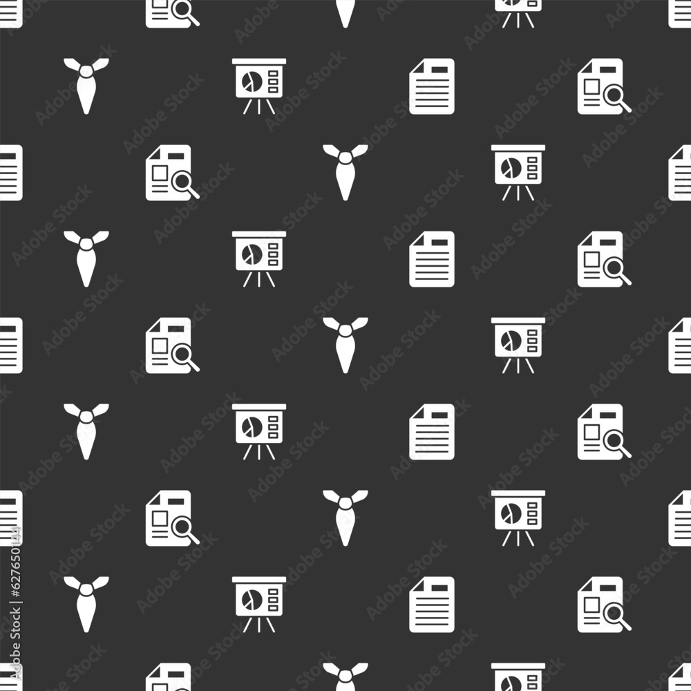 Poster set file document, document with graph chart, tie and board on seamless pattern. vector