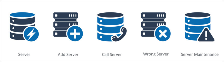 A set of 5 Internet icons as server, add server, call server