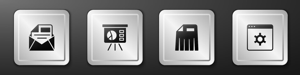 Set Mail and e-mail, Board with graph, Paper shredder and Browser setting icon. Silver square button. Vector
