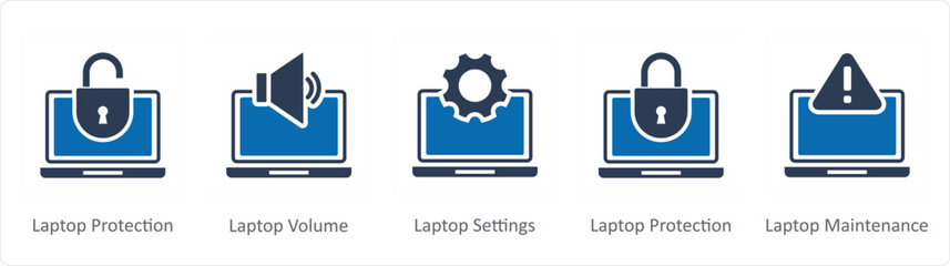 A set of 5 Internet icons as laptop protection, laptop volume, laptop settings