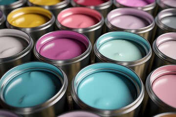 Open paint cans with pastel paint. AI generated