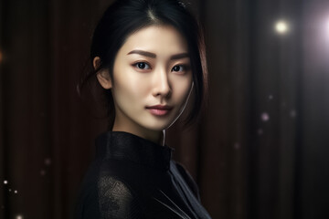 an exquisite black gown, the young Asian woman exudes elegance and luxury, epitomizing a contemporary fashion style with a dark mood and tone. Generative AI.