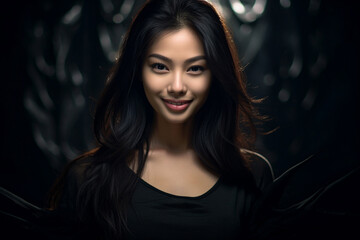 Fototapeta premium an exquisite black gown, the young Asian woman exudes elegance and luxury, epitomizing a contemporary fashion style with a dark mood and tone. Generative AI.