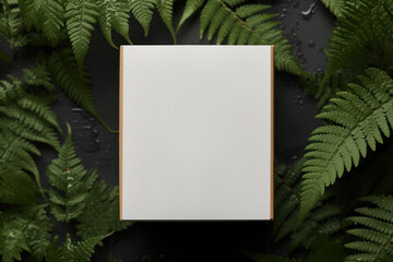 Mockup of the white package in leaves. AI generated