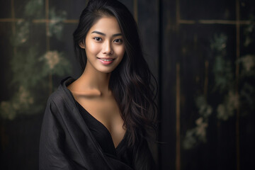 Fototapeta premium an exquisite black gown, the young Asian woman exudes elegance and luxury, epitomizing a contemporary fashion style with a dark mood and tone. Generative AI.