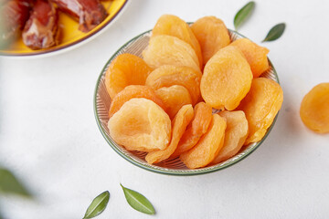 Gluten and sugar free snacks, healthy dessert - dry apricots close up.