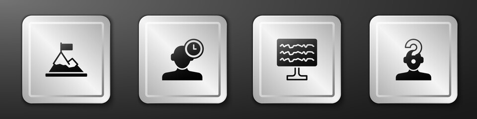 Set Mountains with flag on top, Insomnia, Encephalogram and Human question mark icon. Silver square button. Vector